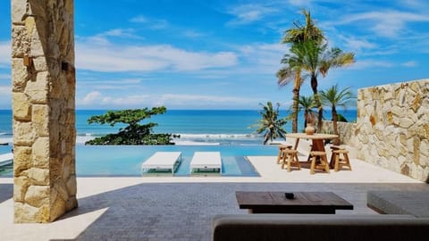 Patio, View (from property/room), Balcony/Terrace, Seating area, Beach, Pool view, Sea view, Swimming pool, sunbed