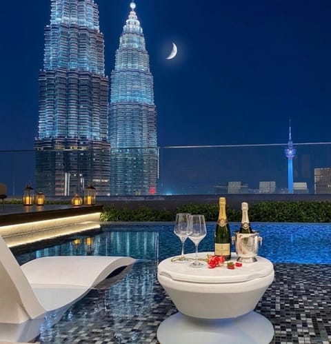 Property building, Patio, Night, View (from property/room), City view, Pool view, Swimming pool, Swimming pool
