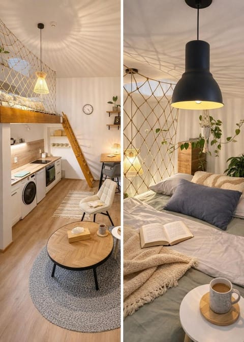 Bed, Kitchen or kitchenette, Living room, Seating area, washing machine, dryer