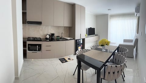 Coffee/tea facilities, Kitchen or kitchenette, Living room, Dining area, oven, stove