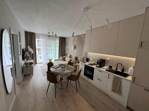 Kitchen or kitchenette, Living room, Seating area, Dining area
