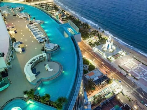 Property building, Night, Bird's eye view, Beach, Sea view, Swimming pool
