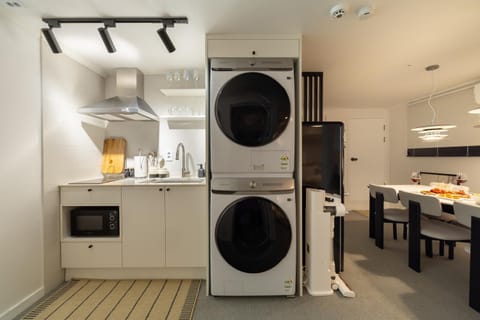 Kitchen or kitchenette, stove, washing machine, dryer