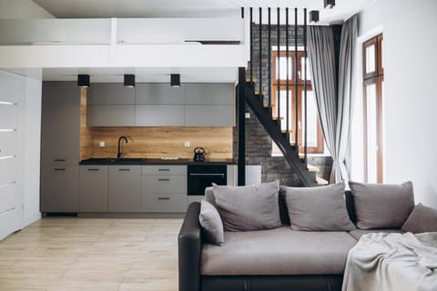 Kitchen or kitchenette, Living room, Seating area