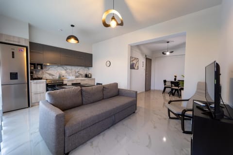 Kitchen or kitchenette, Living room, Seating area, Dining area