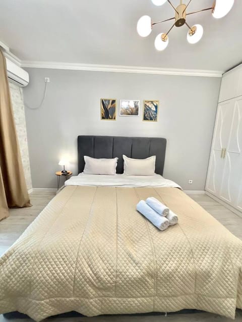 Bed, towels, air conditioner