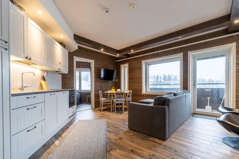 Kitchen or kitchenette, Living room, Seating area, Dining area