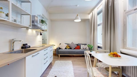 Kitchen or kitchenette, Living room, Seating area, Dining area, stove