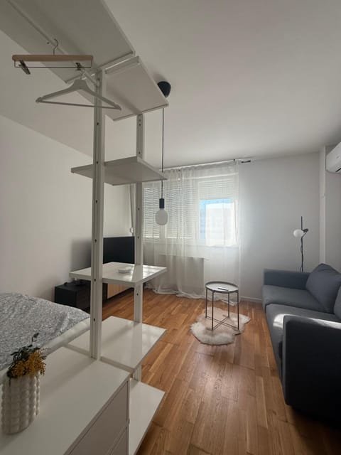 Bed, Seating area, wardrobe, air conditioner