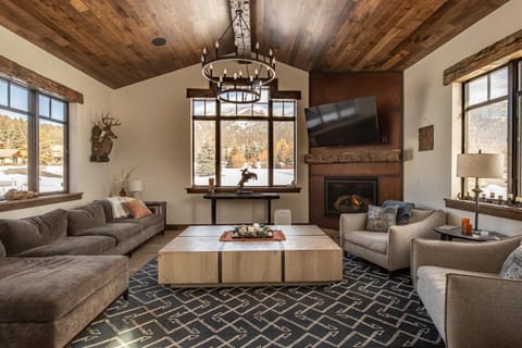 Day, Winter, TV and multimedia, Living room, Seating area, Mountain view, fireplace, furniture