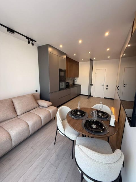 Kitchen or kitchenette, Living room, Seating area, Dining area