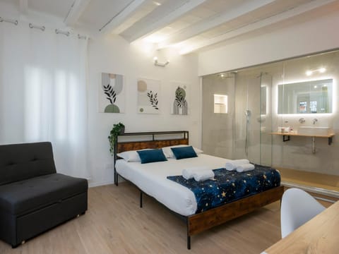 Shower, Bed, Bathroom, Bedroom