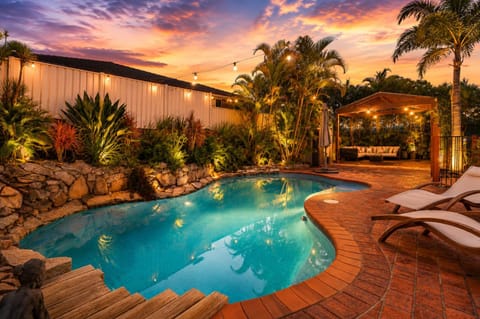 Patio, Garden, Seating area, Swimming pool, Sunset