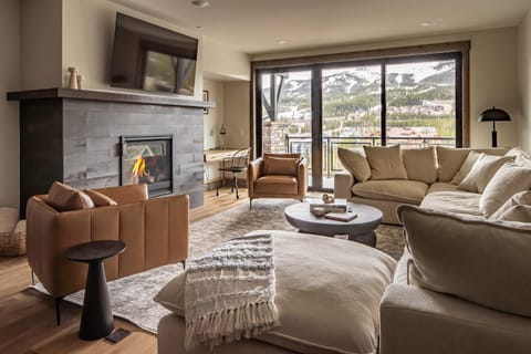 Day, TV and multimedia, Balcony/Terrace, Living room, Seating area, Mountain view, fireplace, furniture