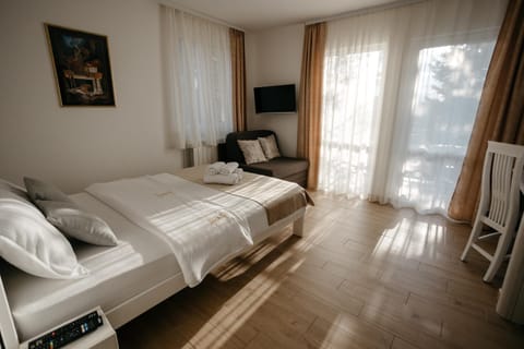 Bed, TV and multimedia, Living room, Seating area, Bedroom, towels