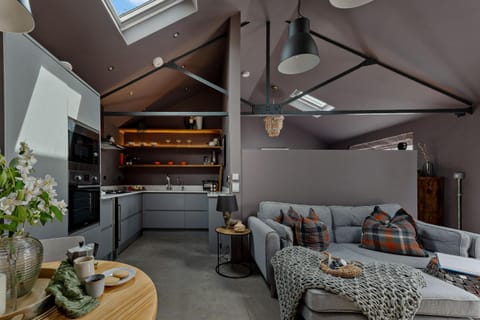Kitchen or kitchenette, Living room, Seating area, Dining area