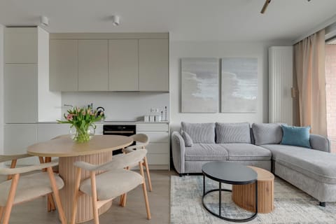 Kitchen or kitchenette, Living room, Seating area, Dining area