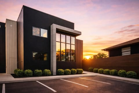 Property building, Facade/entrance, On site, Sunset, Parking