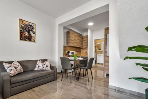 Kitchen or kitchenette, Living room, Seating area, Dining area