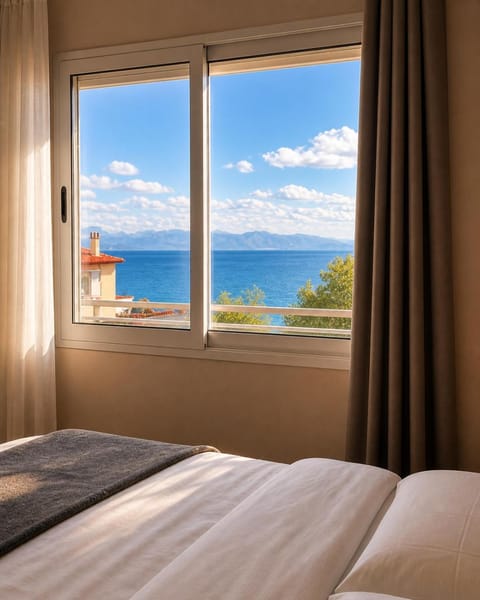 Bed, Natural landscape, Bedroom, Lake view