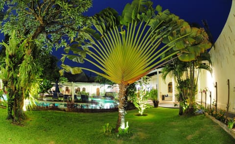 Property building, Night, Natural landscape, Garden, Garden view, Pool view, Swimming pool