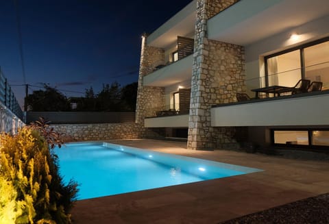 Property building, Patio, Night, Swimming pool