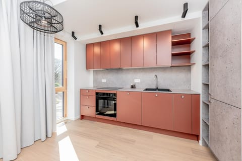 Kitchen or kitchenette, dishwasher, stove