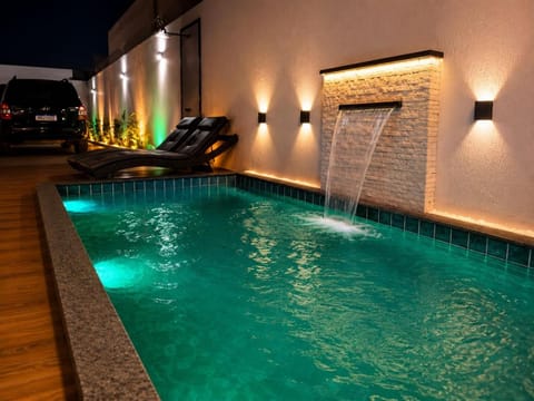 Night, Pool view, Swimming pool, sunbed