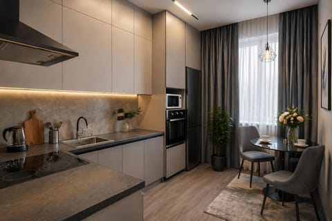 Dining area, microwave, oven, stove, kitchen