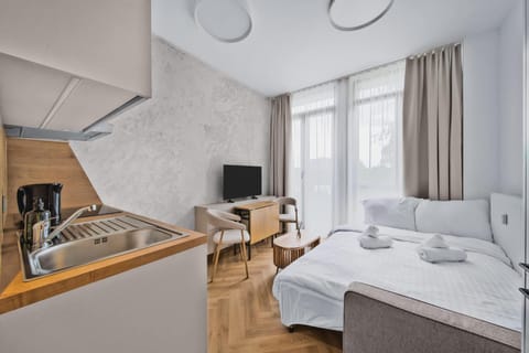 Bed, TV and multimedia, Kitchen or kitchenette, Living room, Seating area, Bedroom, towels