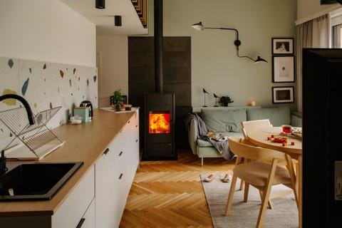 Kitchen or kitchenette, Living room, Seating area, Dining area, stove