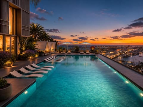 Property building, Night, Natural landscape, City view, Pool view, Swimming pool, Sunrise, Sunset