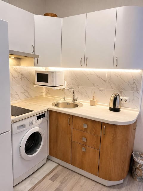 Kitchen or kitchenette, stove, washing machine