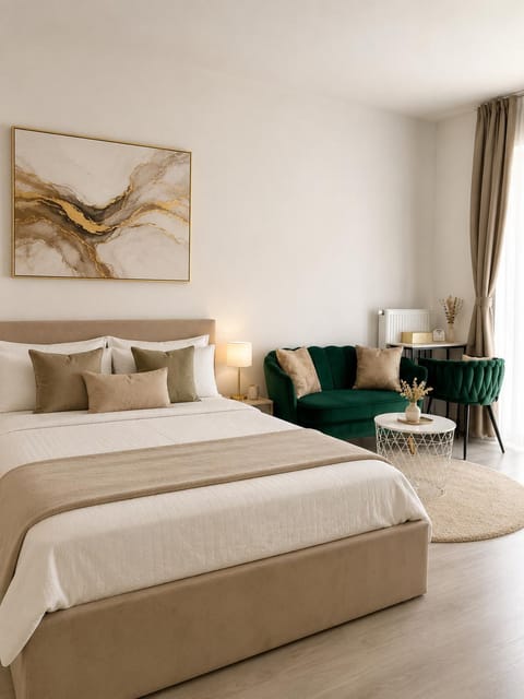 Bed, Living room, Seating area, Bedroom