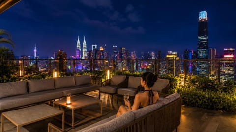 Property building, Patio, Night, View (from property/room), Balcony/Terrace, Seating area, Evening entertainment, City view