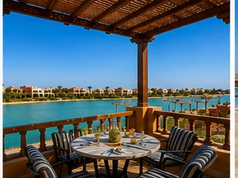 Property building, Patio, Day, Natural landscape, View (from property/room), Balcony/Terrace, Living room, Seating area, Dining area, Lake view, Pool view, River view, Sea view