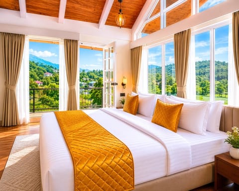 Bed, Natural landscape, Photo of the whole room, Bedroom, Mountain view