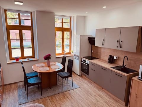 Coffee/tea facilities, Kitchen or kitchenette, Dining area, oven, stove