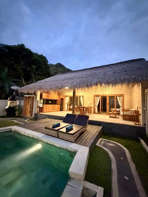 Night, Living room, Pool view, Swimming pool, kitchen