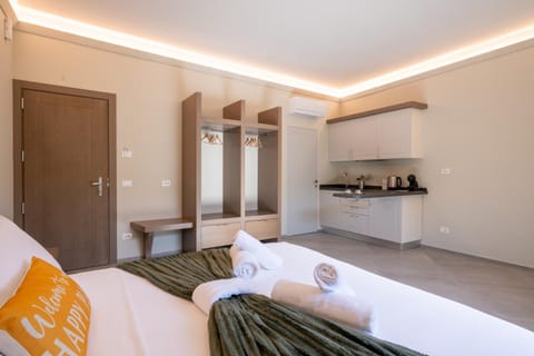 Bed, kitchen