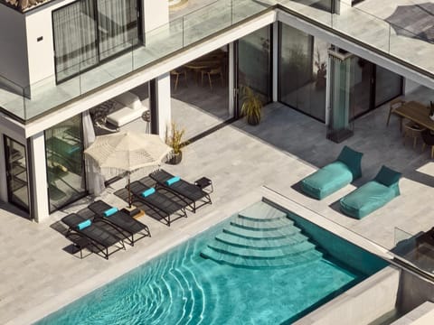 Property building, Patio, Day, Natural landscape, View (from property/room), Balcony/Terrace, Seating area, Pool view, Swimming pool