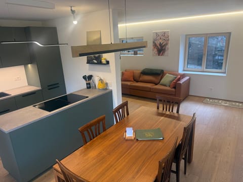 Kitchen or kitchenette, Living room, Seating area, Dining area, minibar, oven, stove