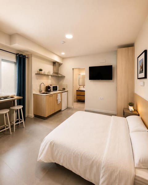 Bed, TV and multimedia, Kitchen or kitchenette, Bedroom