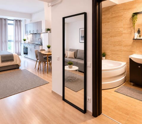 Toilet, Bed, Bathroom, Living room, Photo of the whole room, Seating area, Bedroom, Bath