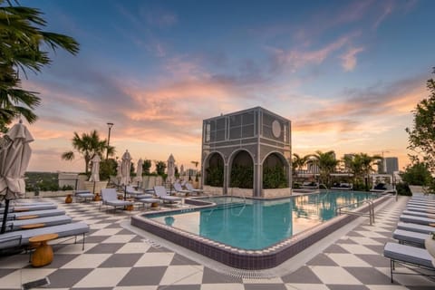 Pool view, Swimming pool, Sunset, sunbed