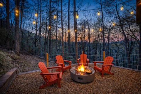 Patio, Night, Seating area, Mountain view, fireplace