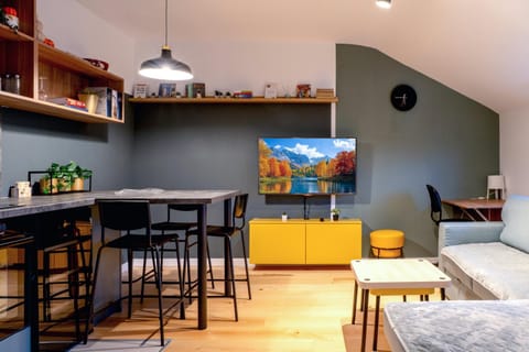 Bed, TV and multimedia, Kitchen or kitchenette, Living room, Photo of the whole room, Seating area