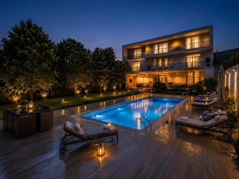 Night, Garden, Pool view, Swimming pool