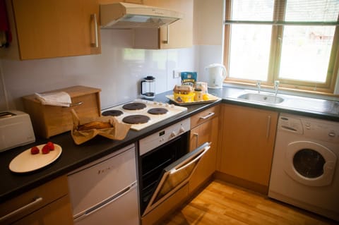 Kitchen or kitchenette, stove, toaster, washing machine, dryer