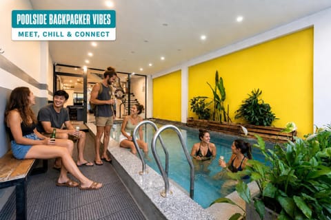 People, Text overlay, Swimming pool, group of guests